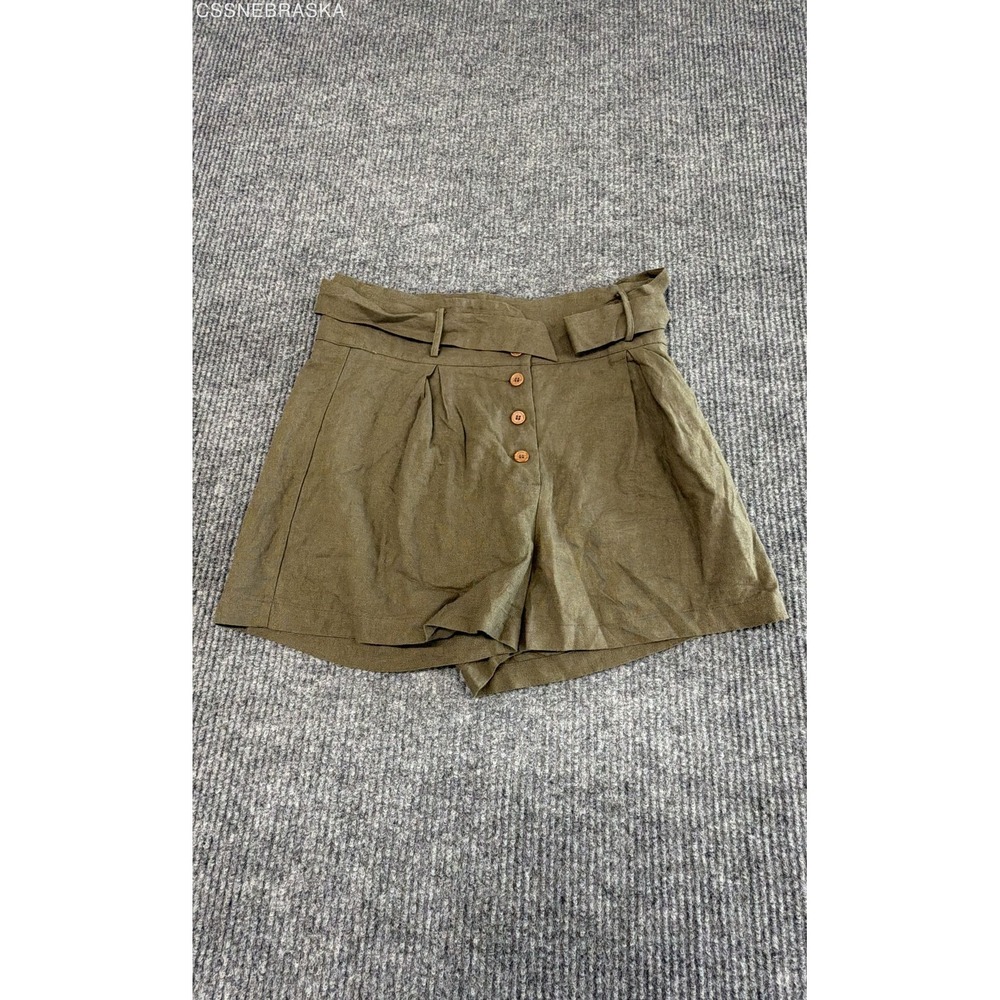 Shinestar Olive Green Women's Paperbag Waist High Rise Shorts - Size Large